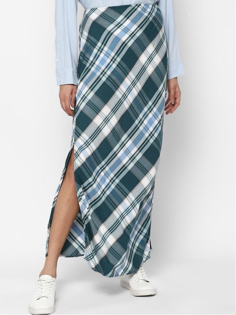 American Eagle Plaid Maxi Skirt with Side Slit - Teal Blue
